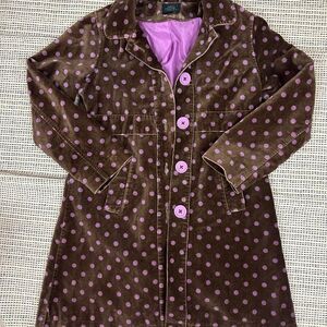 Mini Boden Girls Brown and Purple Polka Dot Velvet Trench Coat 7/8